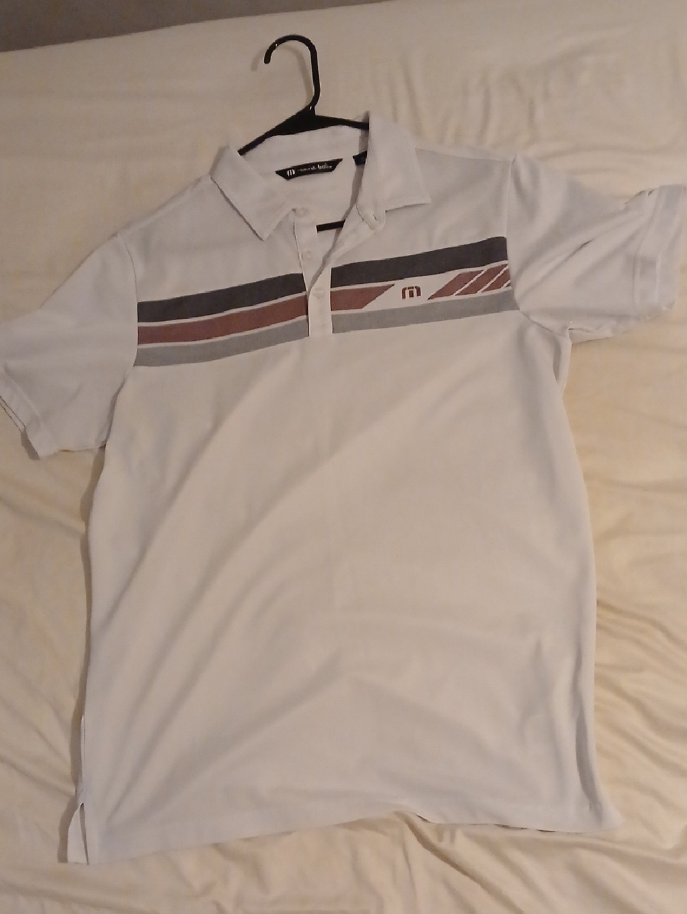 Travis Mathew White Polo with Gray and Brown Stripes